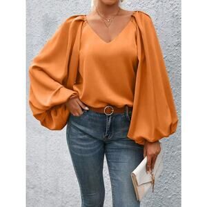 SHEIN Privé Lantern Sleeve Solid Blouse in Orange - Size M
